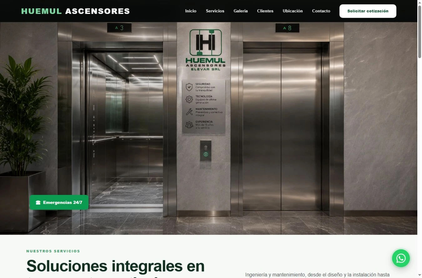 Web de Ascensores Huemul creada por Carla Guerra Giovanetti, con su portada de ascensores